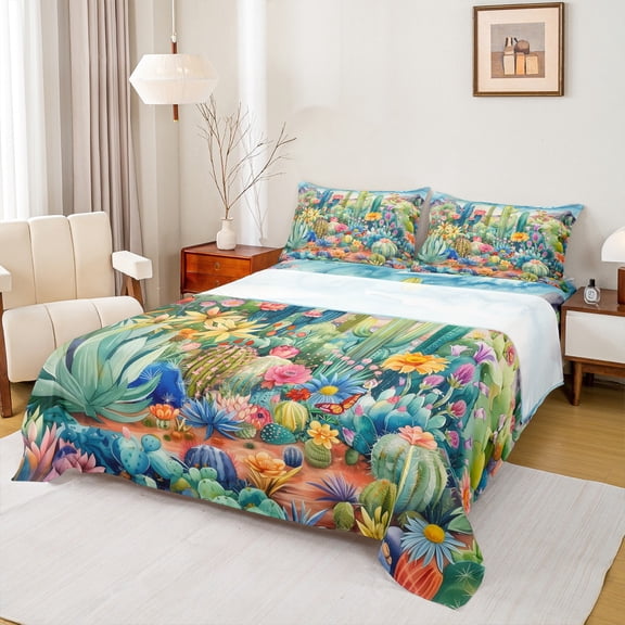 Manfei Cartoon Cactus Plant Twin Sheet Sets, Western Groovy Flower Twin Fitted Sheet, Tropic Palm Leaf Flat Sheet, Breathable Home Decor, 3pcs