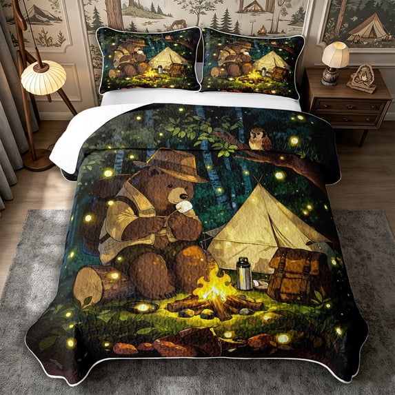 Manfei Cartoon Camping Bear Bed Spread Queen 3pcs,Jungle Adventure Queen Coverlet Set,Dark Green Brown,1 Quilt and 2 Pillowcases