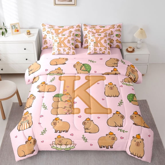 Manfei Cartoon Capybara 7-Piece Twin Bedding,Cute Initial K Bedding Comforter Set,Pink Brown,Pink Reversible