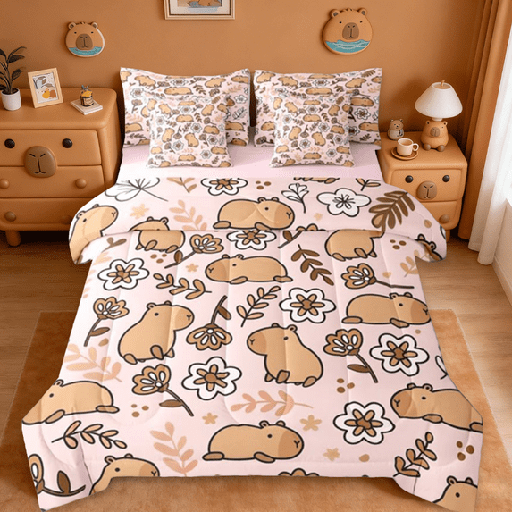 Manfei Cartoon Capybara 7 Pieces Bedding Comforter Set For Home,Brown Cute Animals Full Bedding Set For Kids Girls,Florals Branches Pattern Fitted Sheet Flat Sheet,Super Cozy Room Decor Reversible