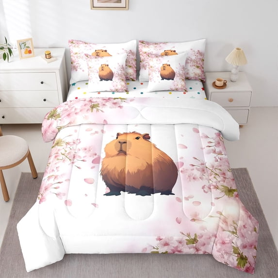 Manfei Cartoon Capybara 7 Pieces Full Size Bedding Sets,Pretty Floral Full Size Bed in a Bag,White Pink,Polkadot Reversible