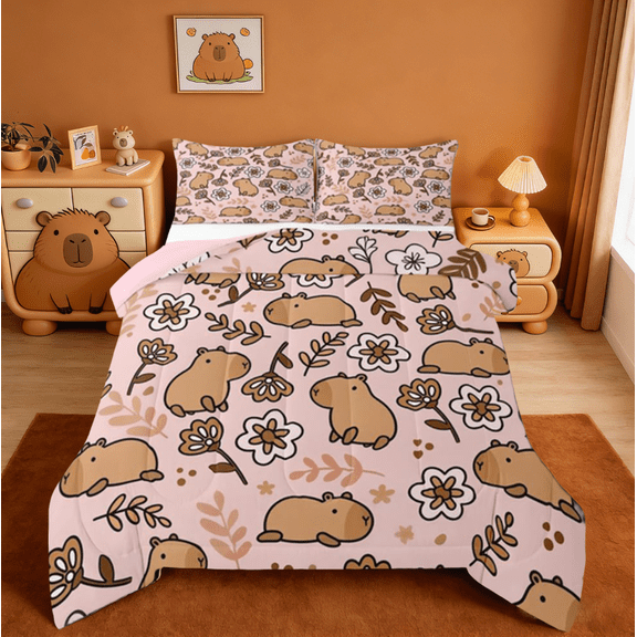Manfei Cartoon Capybara Bedding Comforter Set For Home,Brown Cute Animals Twin Comforter Sets For Kids Boys Girls,Florals Branches Pattern Bedding Set,Super Cozy Room Decor Reversible,2-Piece