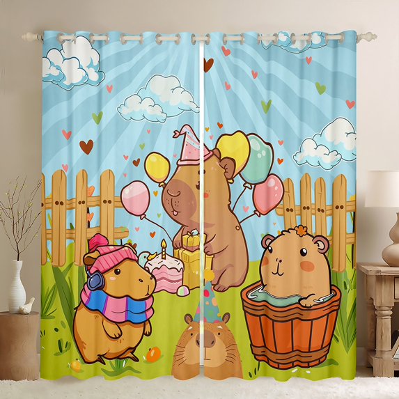 Manfei Cartoon Capybara Blackout Curtains Set of 2 (52x84 Each), Cartoon Animal Tree Lake Window Curtains, Children Happy Birthday Gifts Curtains and Drapes Luxury Home Decor