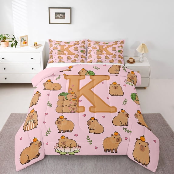 Manfei Cartoon Capybara Full Size Comforter Sets,Cute Initial K Bedding Comforter Set,Pink Brown,Pink Reversible,3 Pieces,1 Comforter and 2 Pillowcases