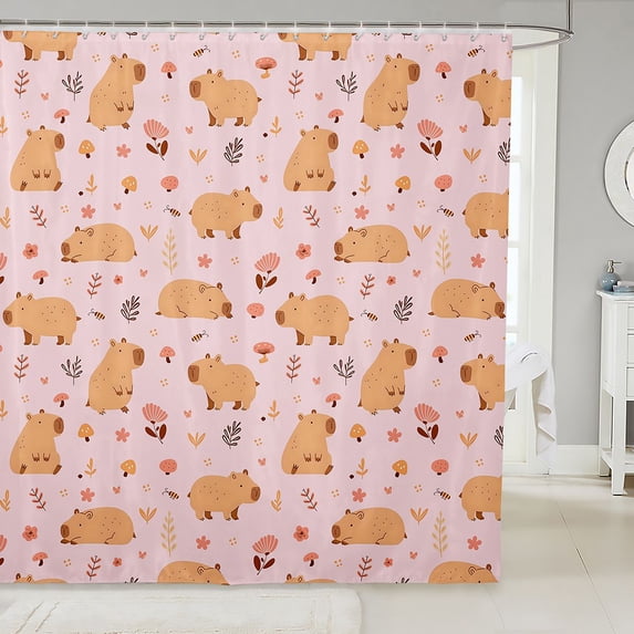 Manfei Cartoon Capybara Shower Curtain 72Wx84L, Flower Plant Print Bathroom Shower Curtain, Light Pink