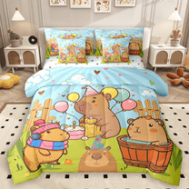 Manfei Cartoon Capybara Twin Bedding Sets 7pcs, Cartoon Animal Tree Lake Bedding Comforter Set, Children Happy Birthday Gifts Sheet Sets Breathable Home Decor