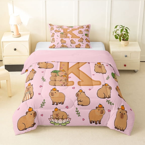 Manfei Cartoon Capybara Twin Comforter Sets,Cute Initial K Bedding Set,Pink Brown,Pink Reversible,2-Piece,1 Comforter and 1 Pillowcase