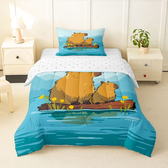 Manfei Cartoon Capybara Twin Comforter Sets,Natural Scenic Pattern Bedding Set,Blue,Reversible,2-Piece,1 Comforter and 1 Pillowcase