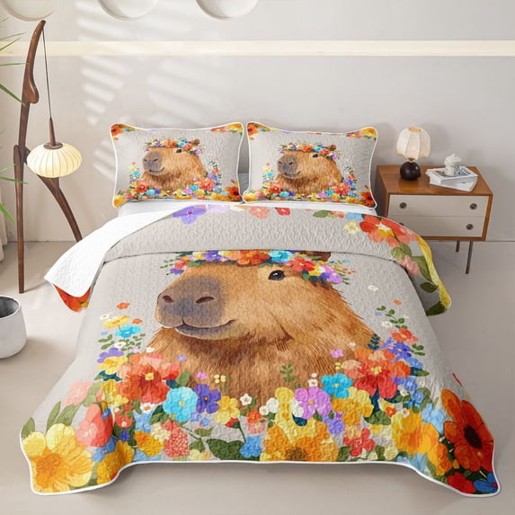 Manfei Cartoon Capybara Twin Quilt Set,Cute Wildflowers Pattern Twin Coverlet Set,Multicolor,2 Pieces