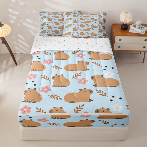 Manfei Cartoon Capybara Zipper Full Size Comforter Sets with Fitted Sheet and 2 Pillowcases,Cute Flowers Pattern Zipper Bedding Set,Blue,Reversible,4pcs