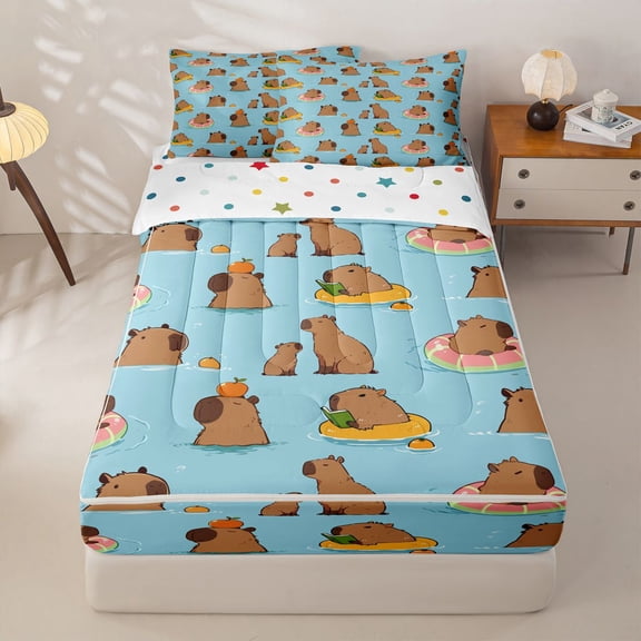 Manfei Cartoon Capybara Zipper Twin Comforter Sets with Fitted Sheet and 2 Pillowcases,Kawaii Swim Ring Print Zipper Bedding Set,Blue,Polkadot Reversible,4pcs