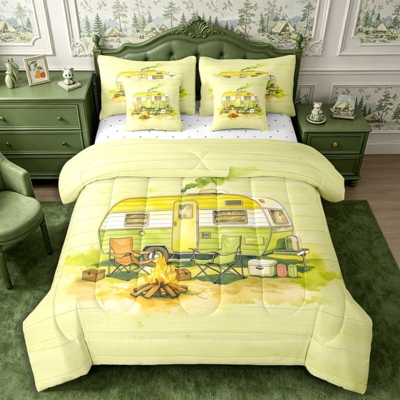 Manfei Cartoon Car Full Size Bedding Sets 7 Pieces,Kawaii Camping Camper Full Size Bed in a Bag,Light Green Yellow