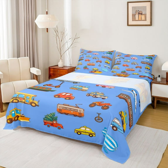 Manfei Cartoon Car Plane Boy Girl 4pcs Bed Sheets,Construction Vehicles King Sheets,Transportation Theme Super Cozy Sheet Set,Ultra Soft Home Decor