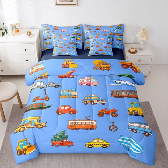 Manfei Cartoon Car Plane Boy Girl Bedding Comforter Set 7-Piece,Construction Vehicles King Bedding Sets,Transportation Theme Ultra Soft Bed Sheets,Ultra Soft Home Decor,Reversible