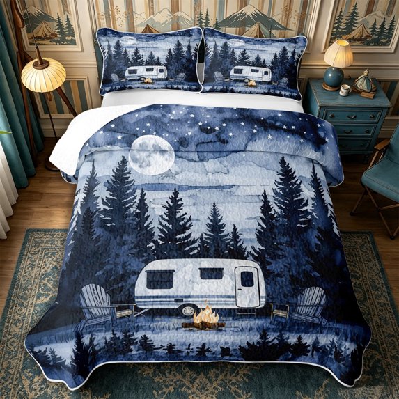 Manfei Cartoon Car Quilt King 3 Pieces,Kawaii Camping Camper King Coverlet Set,Dark Blue White,1 Bedspread and 2 Pillowcases