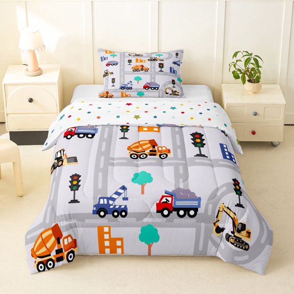 Manfei Cartoon Car Twin Comforter Sets,Boys City Map Bedding Set,Gray,Polkadot Reversible,2pcs,1 Comforter and 1 Pillowcase