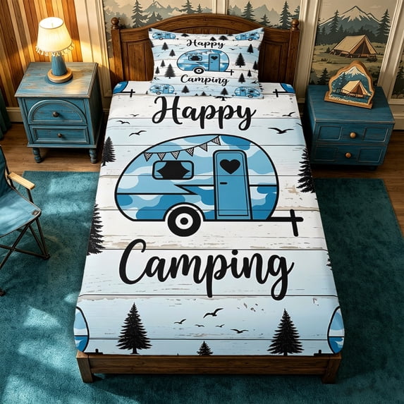 Manfei Cartoon Car Twin Fitted Sheet 2 Pieces,Happy Camping Bedding,Light Blue Black,1 Fitted Sheet and 1 Pillowcase