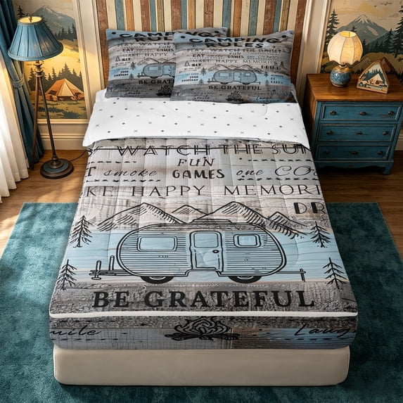 Manfei Cartoon Car Zipper Queen Comforter Set with Fitted Sheet and 2 Pillowcases,Kawaii Camping Camper Zipper Bedding Set,White Light Blue,Reversible
