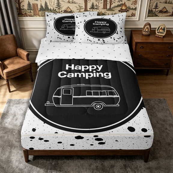 Manfei Cartoon Car Zipper Twin Comforter Sets with Fitted Sheet and 2 Pillowcases,Happy Camping Zipper Bedding Set,White Black,Reversible
