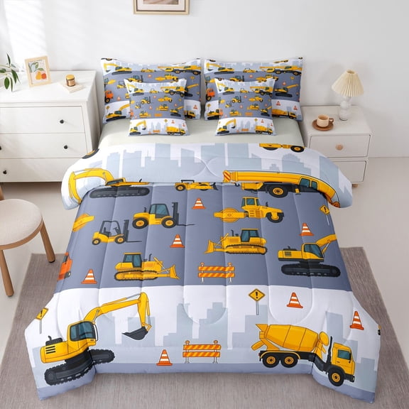 Manfei Cartoon Cars 7-Piece Twin Bedding,Boys Friendly Pattern Bedding Comforter Set,Gray,Light Gray Reversible