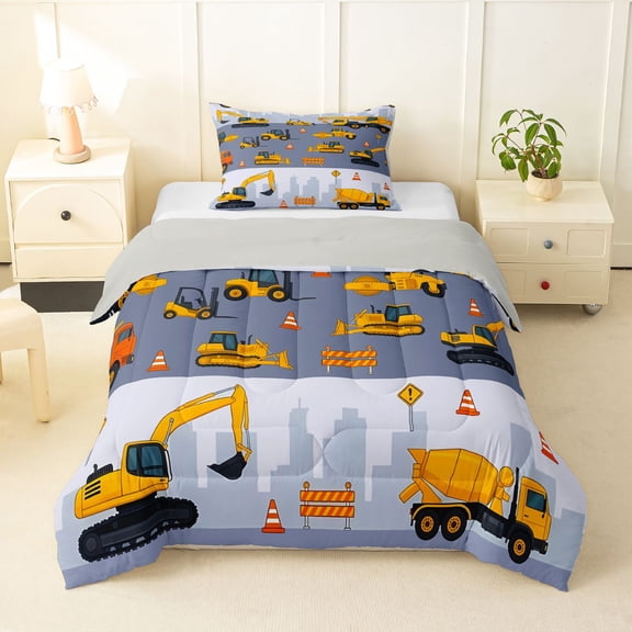 Manfei Cartoon Cars Twin Comforter Sets,Boys Friendly Pattern Bedding Set,Gray,Light Gray Reversible,2 Pieces,1 Comforter and 1 Pillowcase