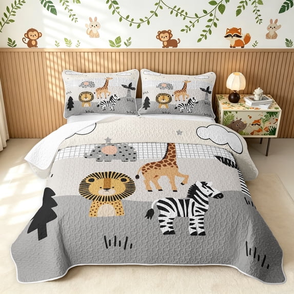 Manfei Cartoon Cartoon Animal Quilt King, Kawaii Cloud Tree King Coverlet Set, White Gray, Polkadot Reversible, 3pcs, 1 Bedspread and 2 Pillowcases