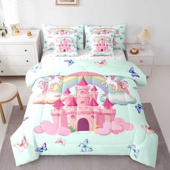 Manfei Cartoon Castle Pattern 7 Pieces Full Size Bedding Sets,Magic Unicorn Butterfly Full Size Bed in a Bag,Mint Multicolor,Reversible