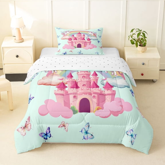 Manfei Cartoon Castle Pattern Twin Comforter Sets,Magic Unicorn Butterfly Bedding Set,Mint Multicolor,Reversible,2 Pieces,1 Comforter and 1 Pillowcase