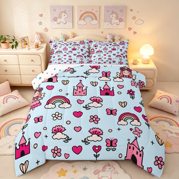 Manfei Cartoon Castle Queen Comforter Set, Flower Rainbow Comforter Sets Queen, Blue Pink, Polkadot Reversible, 3 Pieces, 1 Comforter and 2 Pillowcases