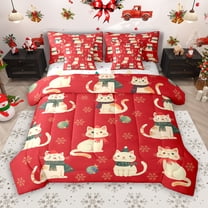 Manfei Cartoon Cat Animal 7-Piece Twin Bedding Sets, Kawaii Kitten Lover Bedding Comforter Set, Christmas Hat Snowflake Reversible Sheet Sets, Breathable Home Decor