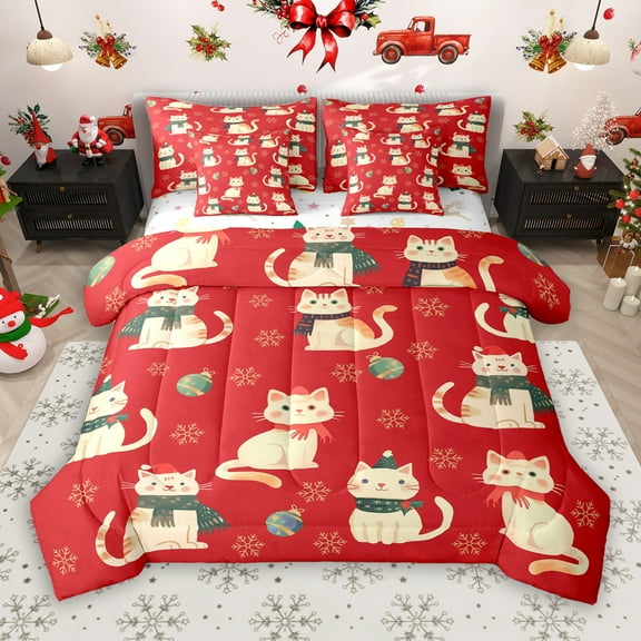 Manfei Cartoon Cat Animal 7-Piece Twin Bedding Sets, Kawaii Kitten Lover Bedding Comforter Set, Christmas Hat Snowflake Reversible Sheet Sets, Breathable Home Decor