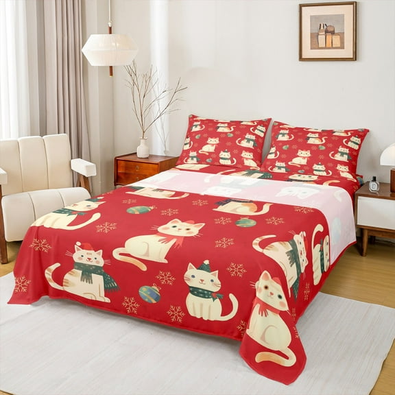 Manfei Cartoon Cat Animal Bed Sheets, Kawaii Kitten Lover King Sheets, Christmas Hat Snowflake Sheet Set, Breathable Home Decor, 4 Pieces