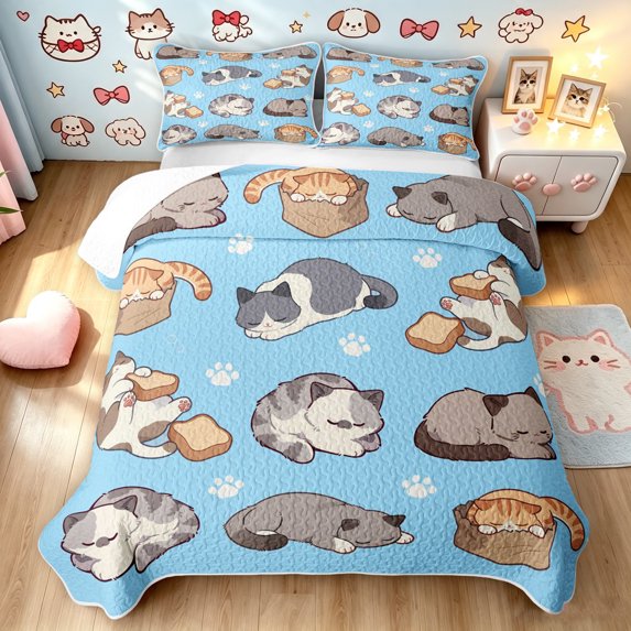 Manfei Cartoon Cat Bed Spread Queen, Sleeping Animal Queen Coverlet Set, Light Blue, 3-Piece, 1 Quilt and 2 Pillowcases