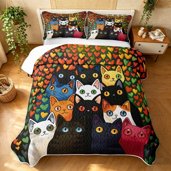 Manfei Cartoon Cat Bed Spread Queen, Watercolor Love Heart Queen Coverlet Set, Dark Green, 3pcs, 1 Quilt and 2 Pillowcases