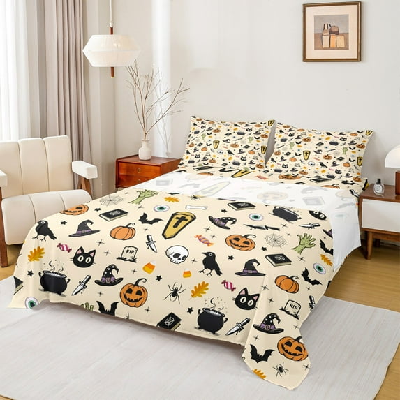 Manfei Cartoon Cat Crow Queen Sheet Sets for Child, Pumpkin Bat Spider Flat Sheet, Happy Halloween Theme Queen Fitted Sheet, Ultra Soft Home Decor, 4pcs