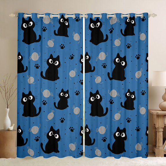 Manfei Cartoon Cat Curtains and Drapes Pack of 2 (52x63 Each), Kitten Paw Print Black Out Curtains, Deep Blue