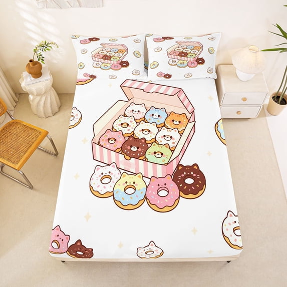 Manfei Cartoon Cat Donut Fitted Sheet Queen, Cute Cake Bedding, White Pink, 3-Piece, 1 Fitted Sheet and 2 Pillowcases