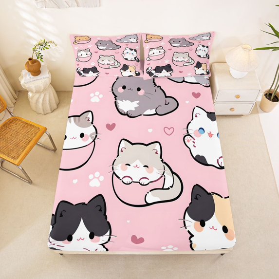 Manfei Cartoon Cat Fitted Sheet Full, Kawaii Animal Bed Set, Pink, 3-Piece, 1 Fitted Sheet and 2 Pillowcases
