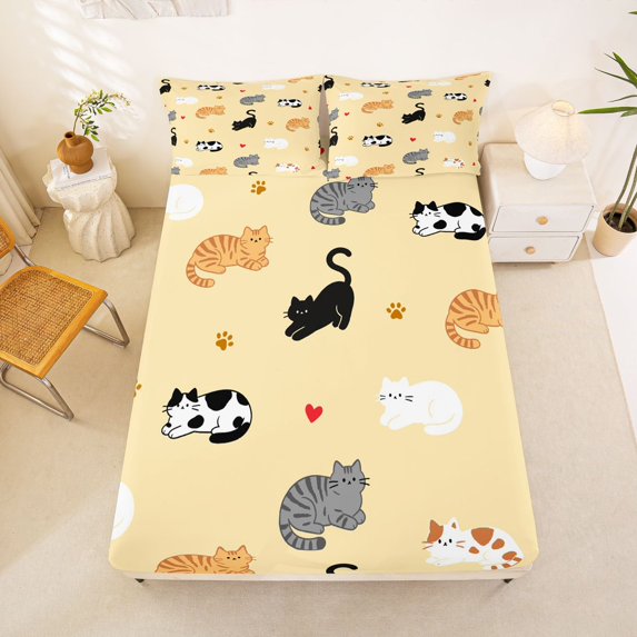 Manfei Cartoon Cat Fitted Sheet Full, Kitten Paw Print Bed Set, Cream Yellow, 3pcs, 1 Fitted Sheet and 2 Pillowcases