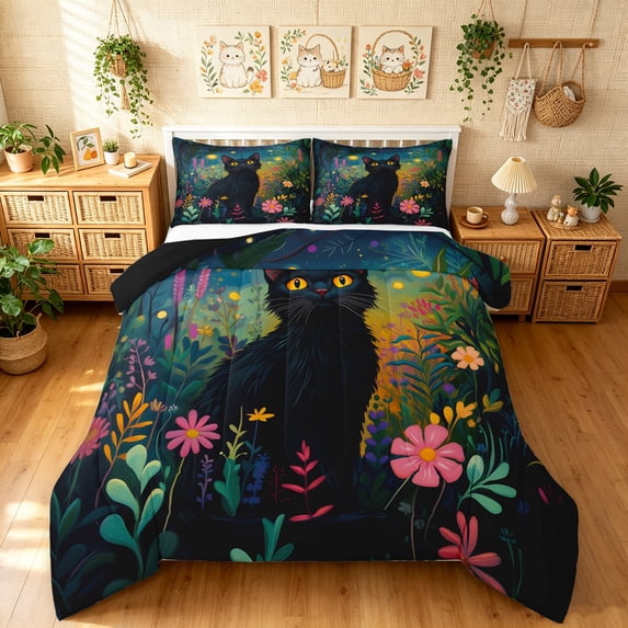 Manfei Cartoon Cat Full Size Comforter Sets, Boho Flower Botanical Bedding Comforter Set, Navy Green, Black Reversible, 3pcs, 1 Comforter and 2 Pillowcases