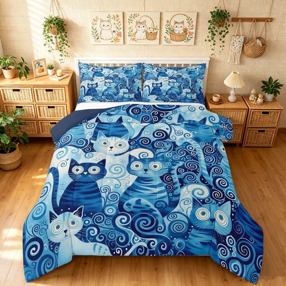 Manfei Cartoon Cat Full Size Comforter Sets, Hippie Spiral Stripes Bedding Comforter Set, Blue, Blue Reversible, 3-Piece, 1 Comforter and 2 Pillowcases