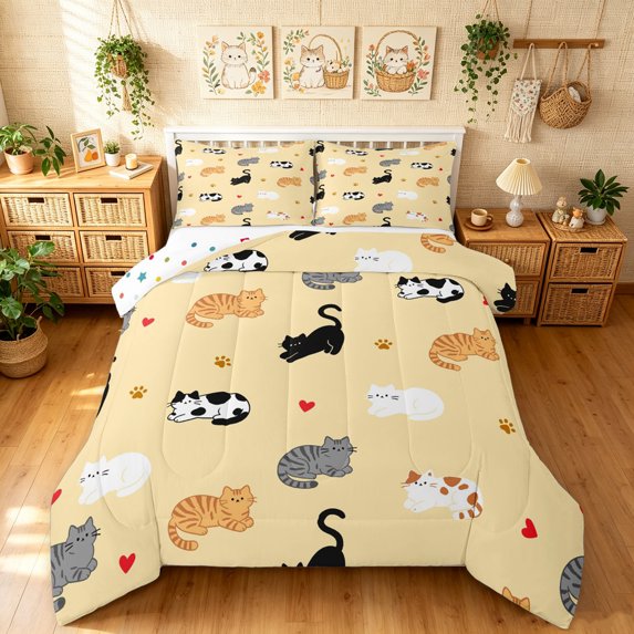 Manfei Cartoon Cat Full Size Comforter Sets, Kitten Paw Print Bedding Comforter Set, Cream Yellow, Polkadot Reversible, 3pcs, 1 Comforter and 2 Pillowcases