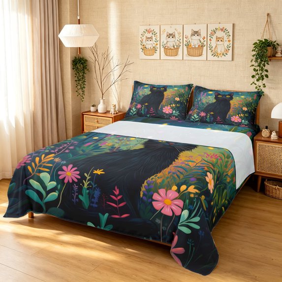Manfei Cartoon Cat King Sheets, Boho Flower Botanical Bedding, Navy Green, 4pcs, 1 Flat Sheet, 1 Fitted Sheet and 2 Pillowcases