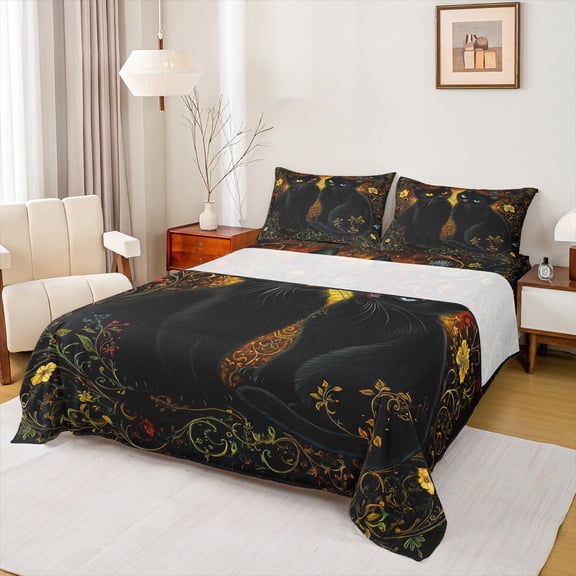 Manfei Cartoon Cat Kitten Bed Sheets for Kids, Mystic Bohemian Animal King Sheets, Tribal Western Damask Sheet Set, Luxury Bedroom Decor, 4 Pieces