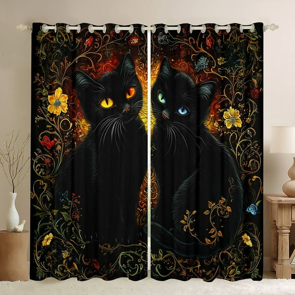 Manfei Cartoon Cat Kitten Black Out Curtains for Kids, Mystic Bohemian Animal Curtains Pack of 2 (42x63 Each), Tribal Western Damask Bedroom Curtains, Curtains and Drapes Decor