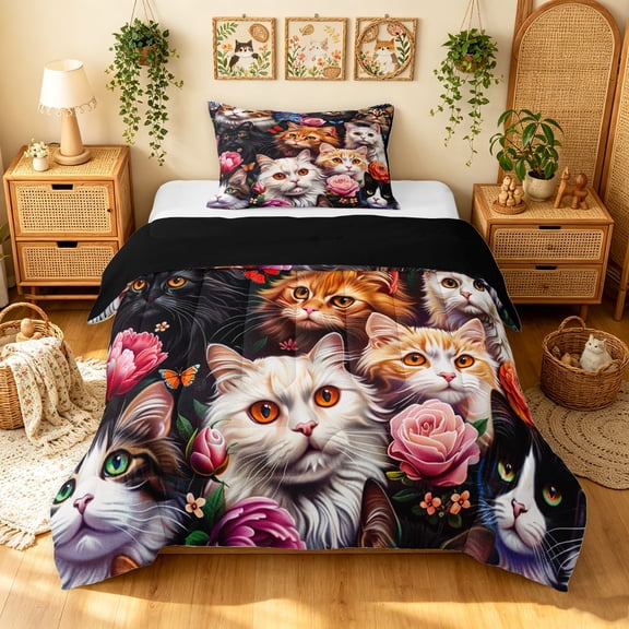 Manfei Cartoon Cat Kitten Twin Comforter Sets, Watercolor Butterfly Flower Bedding Set, Multicolor, Black Reversible, 2pcs, 1 Comforter and 1 Pillowcase
