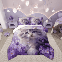 Manfei Cartoon Cat Lover Bedding Comforter Set, Kawaii Kitten Animal Twin Comforter Sets, Dreamy Purple Floral Reversible Bedding Set, Luxury Bedroom Decor, 2 Pieces