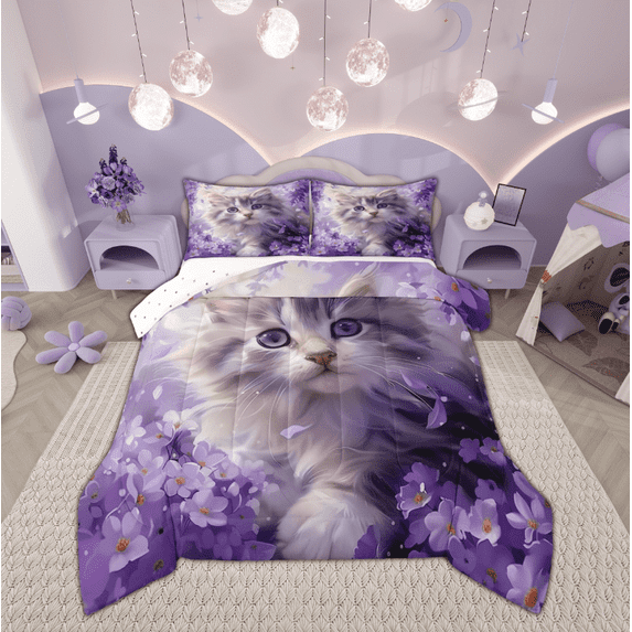 Manfei Cartoon Cat Lover Bedding Comforter Set, Kawaii Kitten Animal Twin Comforter Sets, Dreamy Purple Floral Reversible Bedding Set, Luxury Bedroom Decor, 2 Pieces
