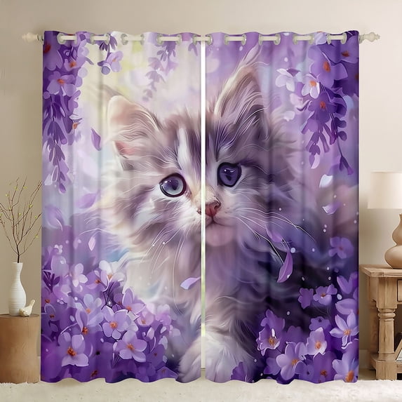 Manfei Cartoon Cat Lover Black Out Curtains, Kawaii Kitten Animal Curtains Pack of 2 (42x63 Each), Dreamy Purple Floral Bedroom Curtains, Curtains and Drapes Decor