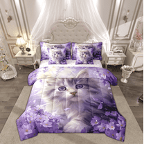 Manfei Cartoon Cat Lover Twin Bedding Sets 7-Piece, Kawaii Kitten Animal Bedding Comforter Set, Dreamy Purple Floral Reversible Sheet Sets, Luxury Bedroom Decor